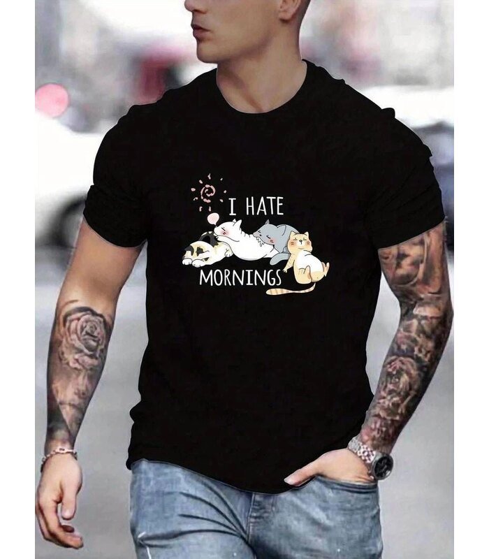 Erkek Baskılı T-Shirt Kısa Kol Bisiklet Yaka Regular Fit Rahat Kalıp Günlük Tişört - Siyah