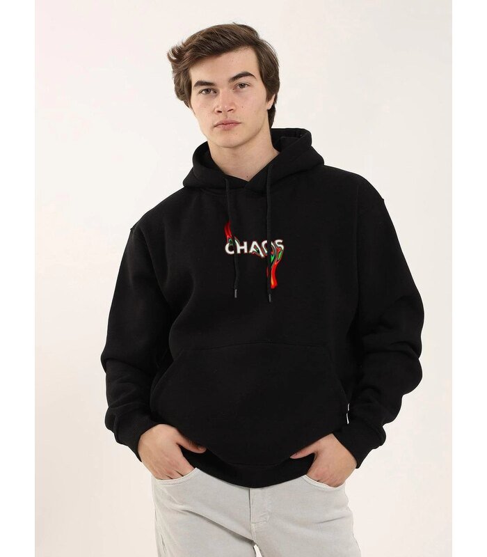 Erkek 3 İplik Pamuklu Kapüşonlu Baskılı Cepli Oversize Sweatshirt Hoodie - Siyah