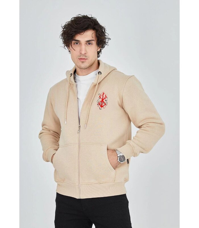 Erkek 3 İplik Pamuklu Kapüşonlu Tam Fermuarlı Cepli Hoodie Sweatshirt - Bej