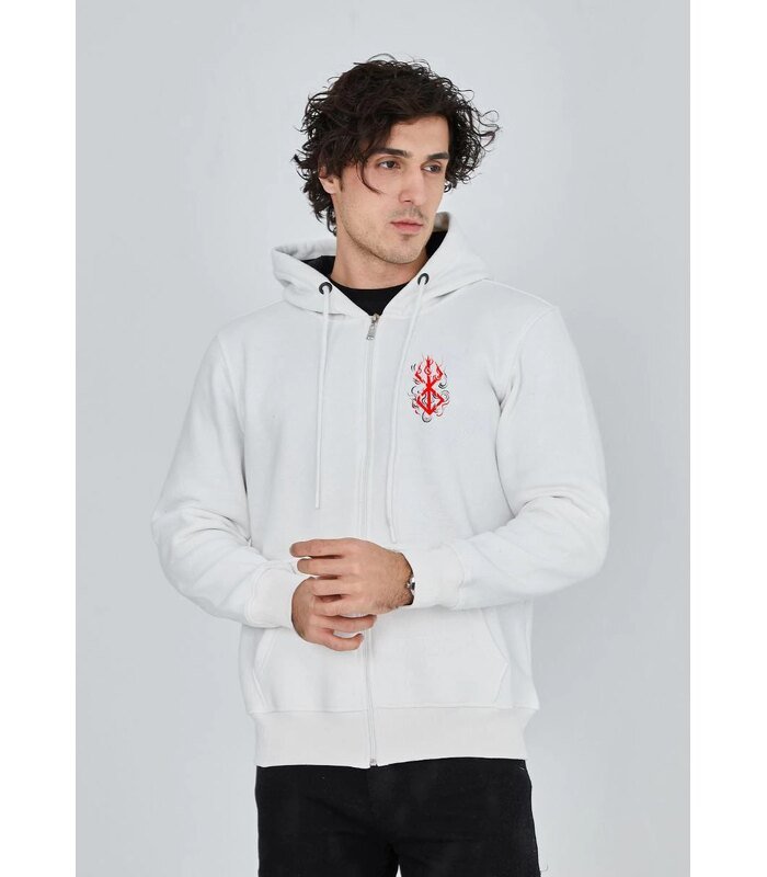 Erkek 3 İplik Pamuklu Kapüşonlu Tam Fermuarlı Cepli Hoodie Sweatshirt - Beyaz
