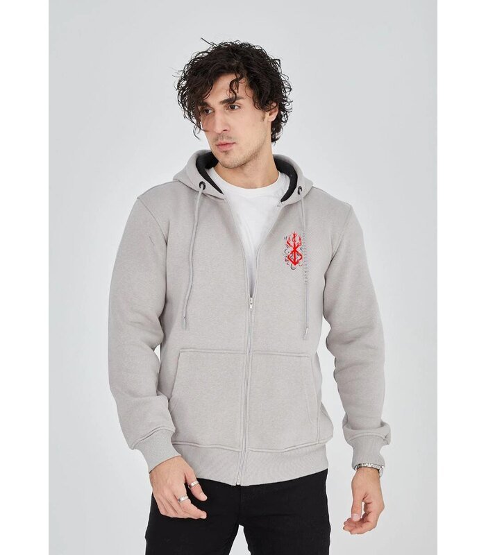 Erkek 3 İplik Pamuklu Kapüşonlu Tam Fermuarlı Cepli Hoodie Sweatshirt - Boyalı Gri