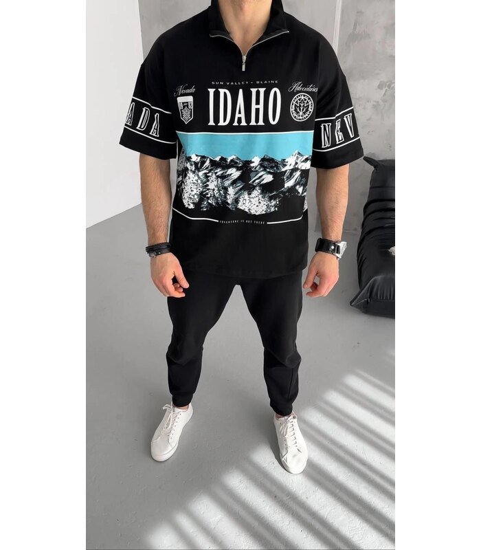Erkek Baskılı Yarım Fermuarlı  Kısa kol T-Shirt - Siyah