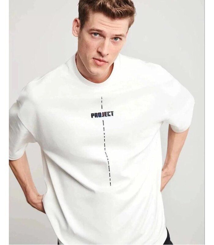 Erkek Kısa Kol Yazlık Tişört Bisiklet Yaka Baskılı Oversize T-Shirt - Beyaz
