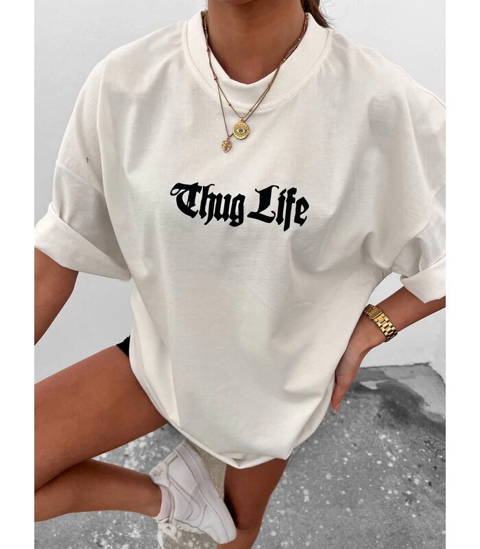 Kadın Bisiklet Yaka Baskılı Oversize Kısa kol T-Shirt - Beyaz