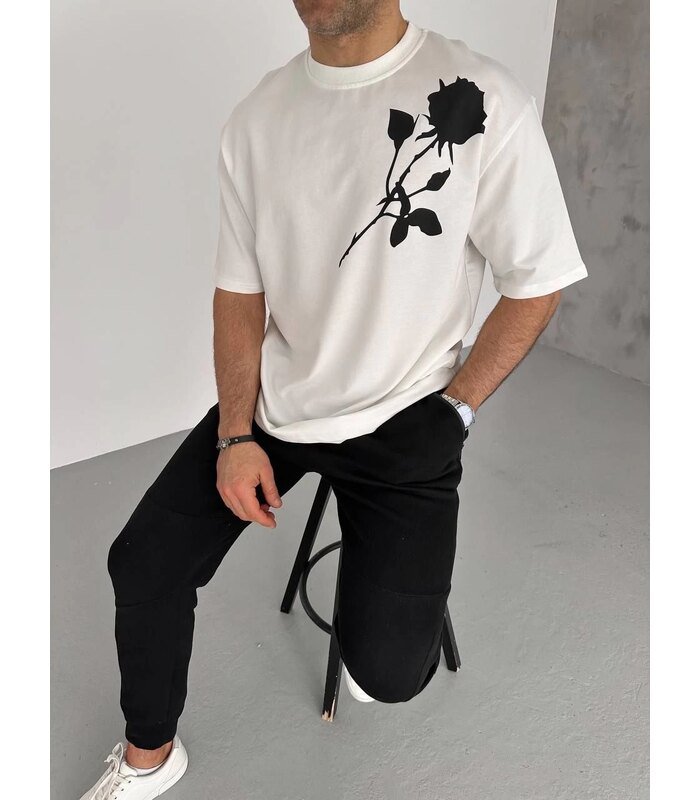 Erkek Kısa Kol Tişört Bisiklet Yaka GÜL Baskılı Oversize T-Shirt - Beyaz