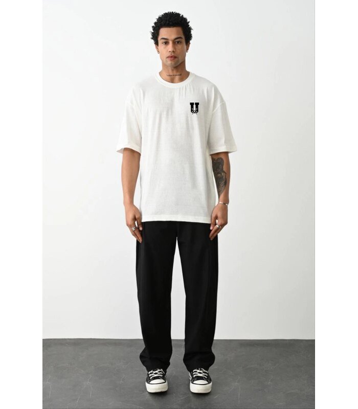 Erkek Kısa Kol Yazlık Tişört Bisiklet Yaka Baskılı Oversize T-Shirt - Beyaz