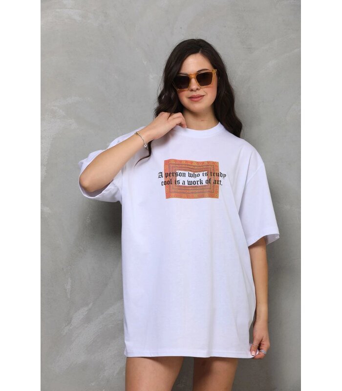 Kadın Baskılı T-Shirt Kısa Kol Bisiklet Yaka Oversize Rahat Kalıp Tişört - Beyaz