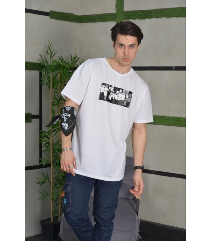 Erkek Kısa Kol Yazlık Tişört Bisiklet Yaka Baskılı Oversize T-Shirt - Beyaz