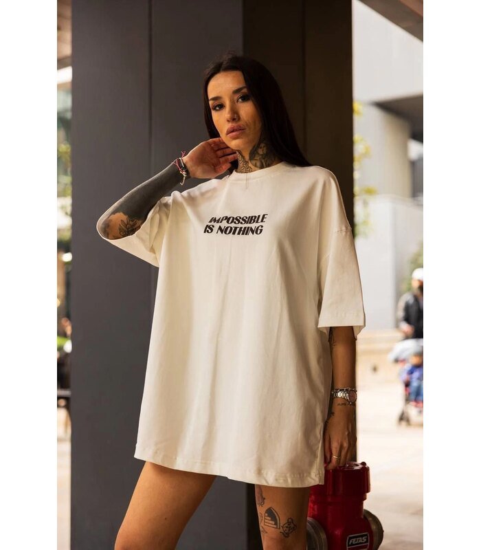 Kadın Bisiklet Yaka Baskılı Oversize Kısa kol T-Shirt - Beyaz