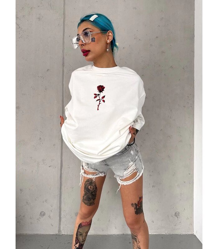 kadın Bisiklet Yaka Baskılı Oversize Kısa kol T-Shirt - Beyaz