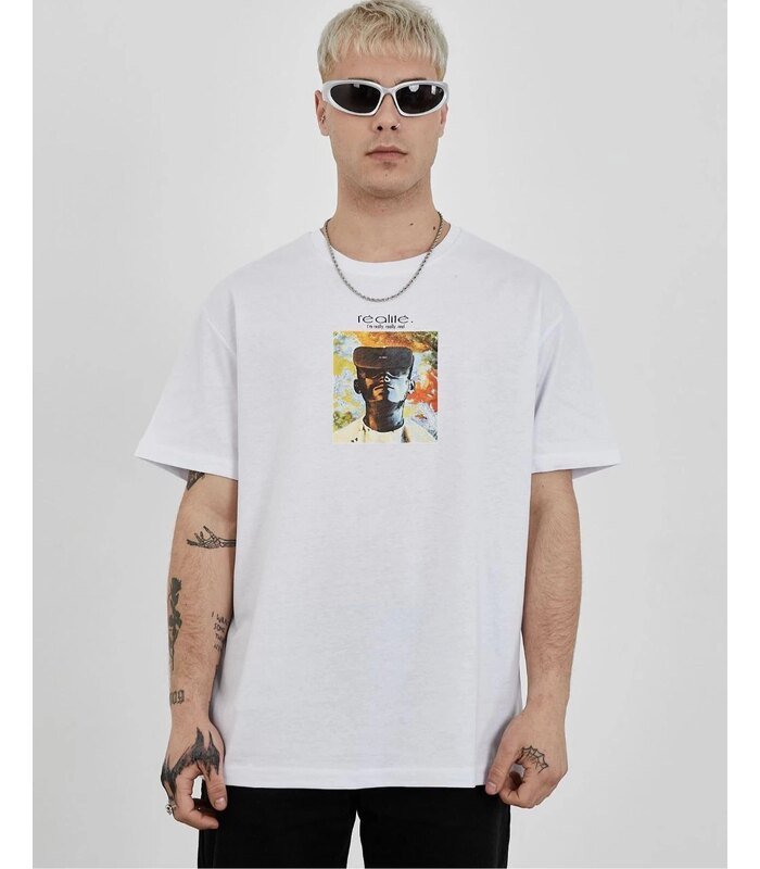 Erkek Kısa Kol Yazlık Tişört Bisiklet Yaka Baskılı Oversize T-Shirt - Beyaz