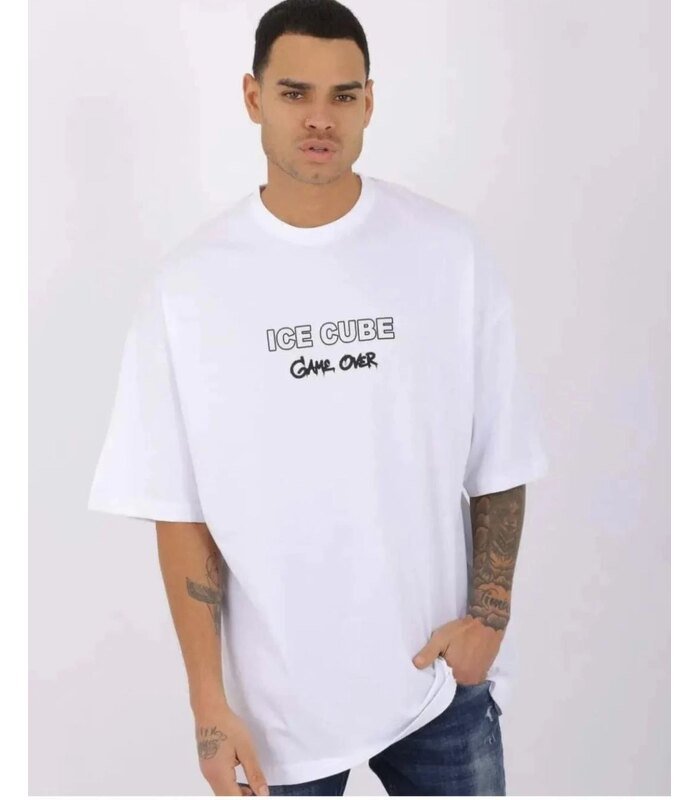 Erkek Kısa Kol Yazlık Tişört Bisiklet Yaka Baskılı Oversize T-Shirt - Beyaz