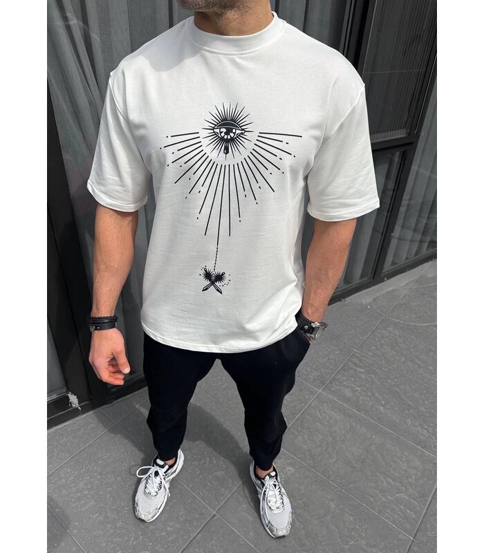 Erkek Kısa Kol Tişört Bisiklet Yaka GÜL Baskılı Oversize T-Shirt - Beyaz