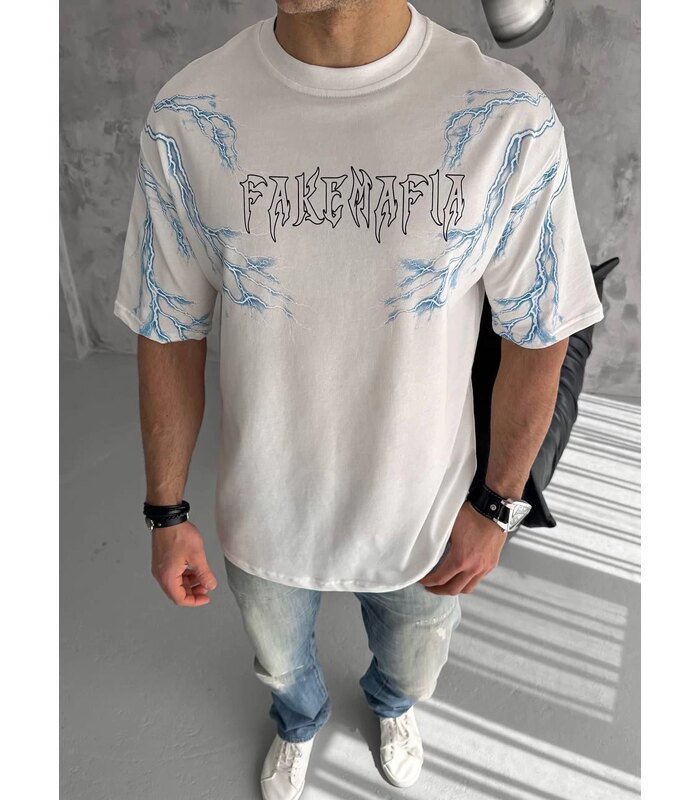 Erkek Bisiklet Yaka Yıldırım Baskılı  Kısa kol T-Shirt - Beyaz