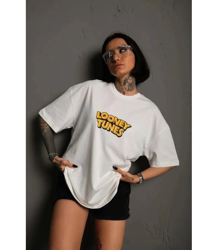 kadın Bisiklet Yaka Baskılı Oversize Kısa kol T-Shirt - Beyaz