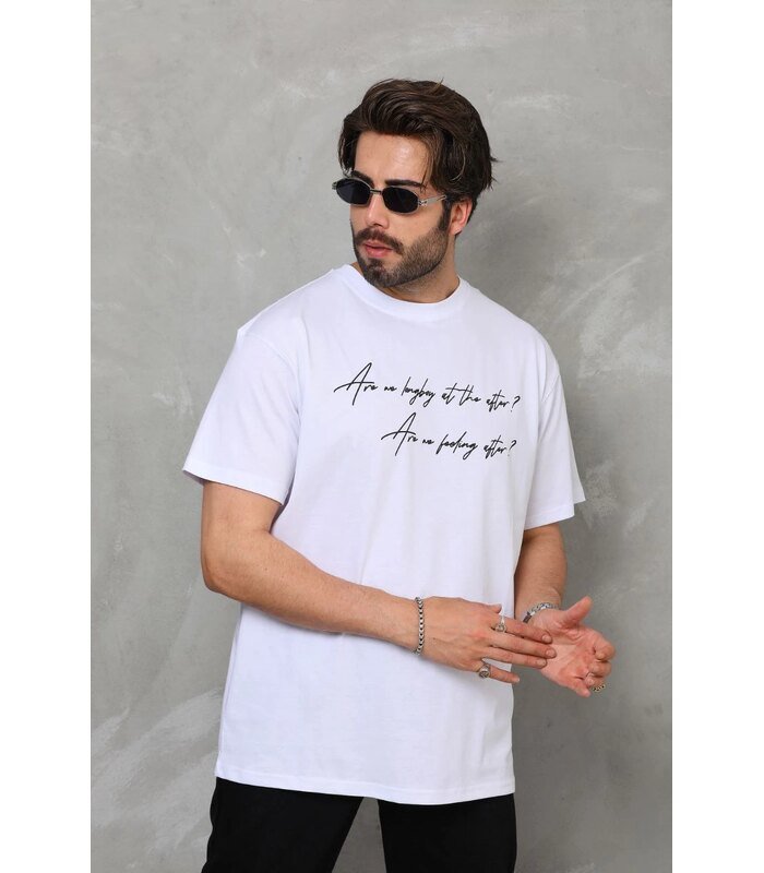 Erkek Kısa Kol Yazlık Tişört Bisiklet Yaka Baskılı Oversize T-Shirt - Beyaz