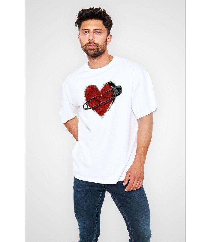 Erkek Kısa Kol Tişört Bisiklet Yaka KALP Baskılı Oversize T-Shirt - Beyaz