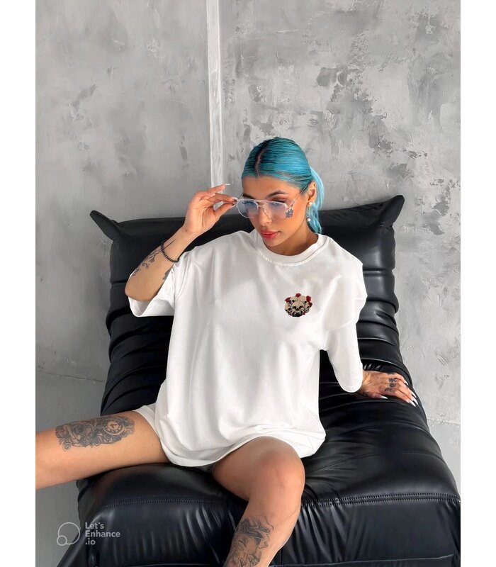 Kadın Kısa Kol Yazlık Tişört Bisiklet Yaka Kuru Kafa Baskılı T-Shirt - Beyaz