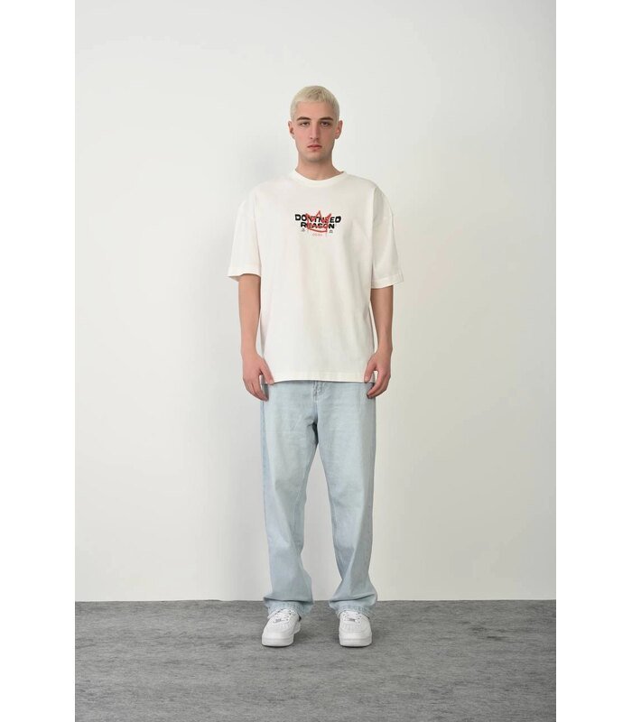 Erkek Kısa Kol Yazlık Tişört Bisiklet Yaka Baskılı Oversize T-Shirt - Beyaz