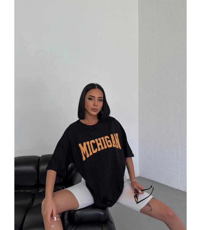 Kadın Baskılı T-Shirt Kısa Kol Bisiklet Yaka Oversize Tişört - Siyah