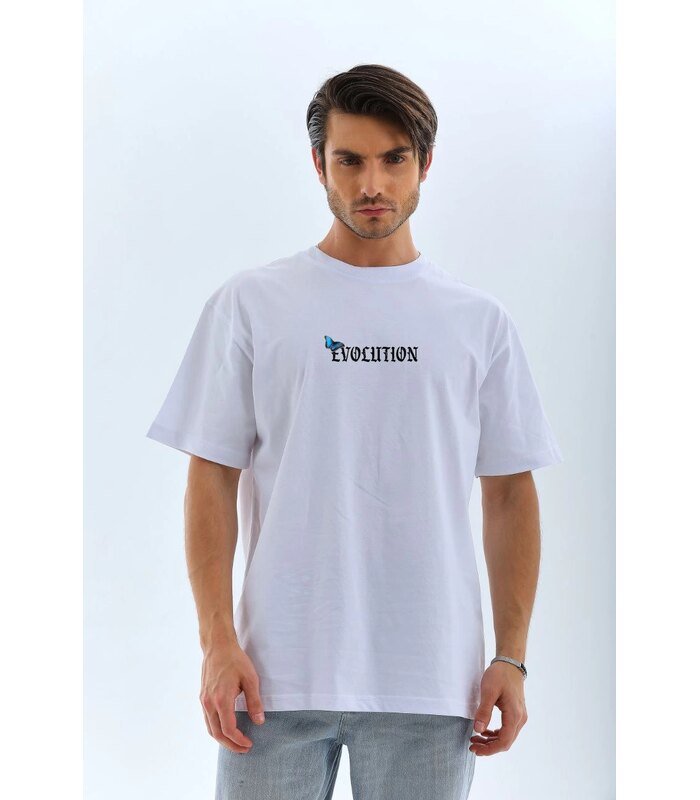 Erkek Kısa Kol Yazlık Tişört Bisiklet Yaka KELEBEK Baskılı T-Shirt - Beyaz