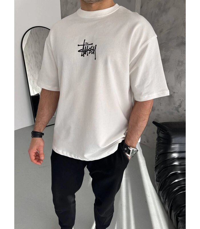 Erkek Tişört Bisiklet Yaka Baskılı Oversize Kısa kol T-Shirt - Beyaz