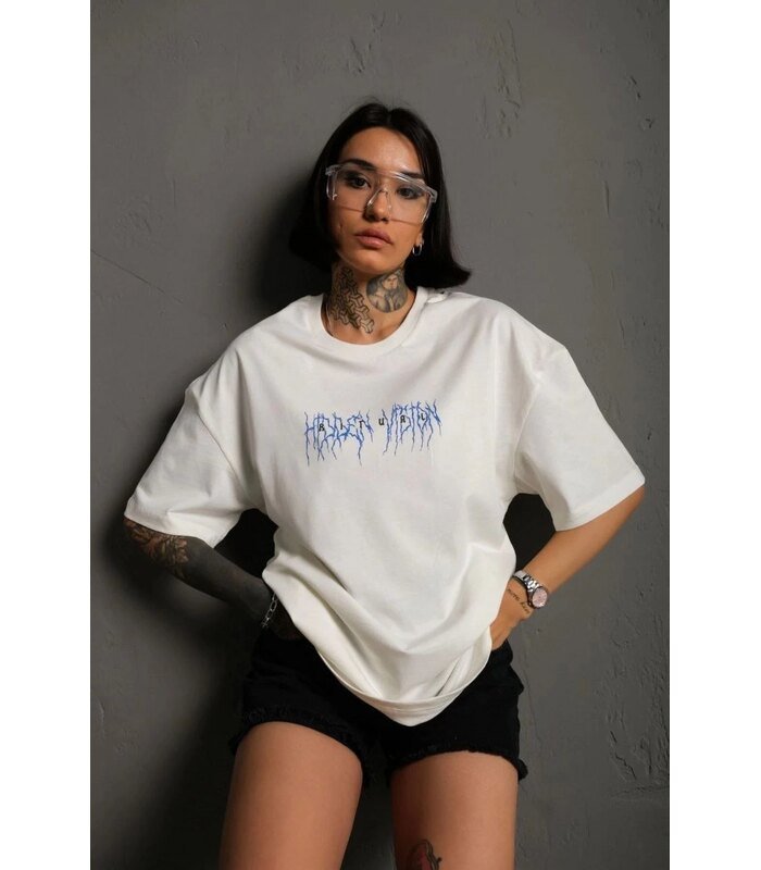 kadın Bisiklet Yaka Baskılı Oversize Kısa kol T-Shirt - Beyaz