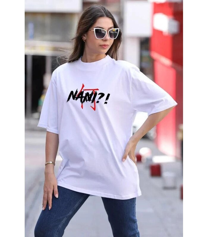 Kadın Baskılı T-Shirt Kısa Kol Bisiklet Yaka Oversize Rahat Kalıp Günlük Tişört - Beyaz