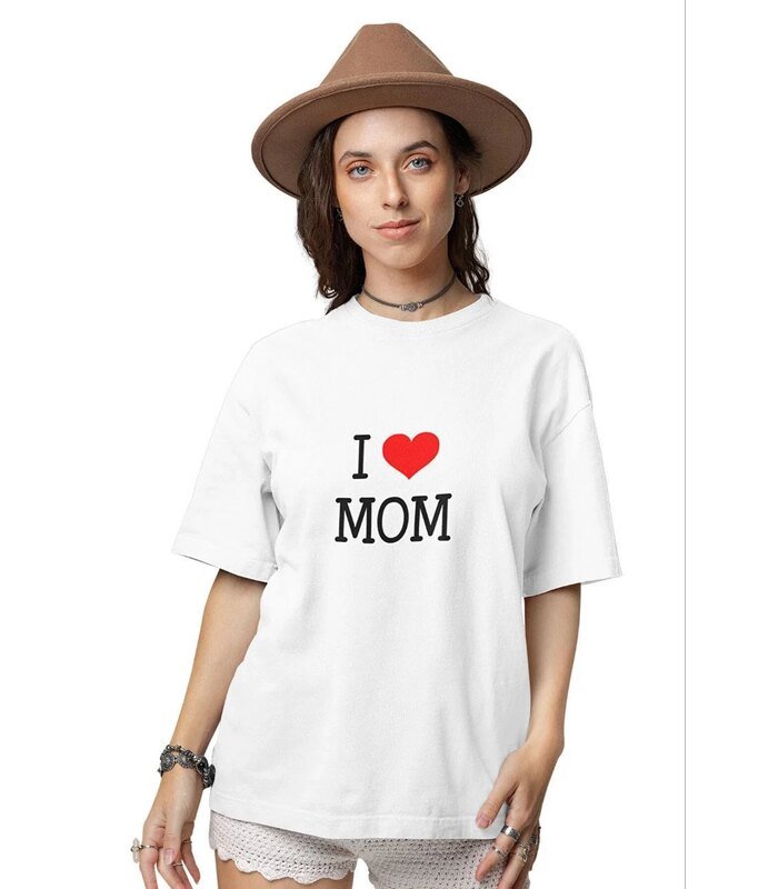 kadın Bisiklet Yaka Baskılı Oversize Kısa kol T-Shirt - Beyaz