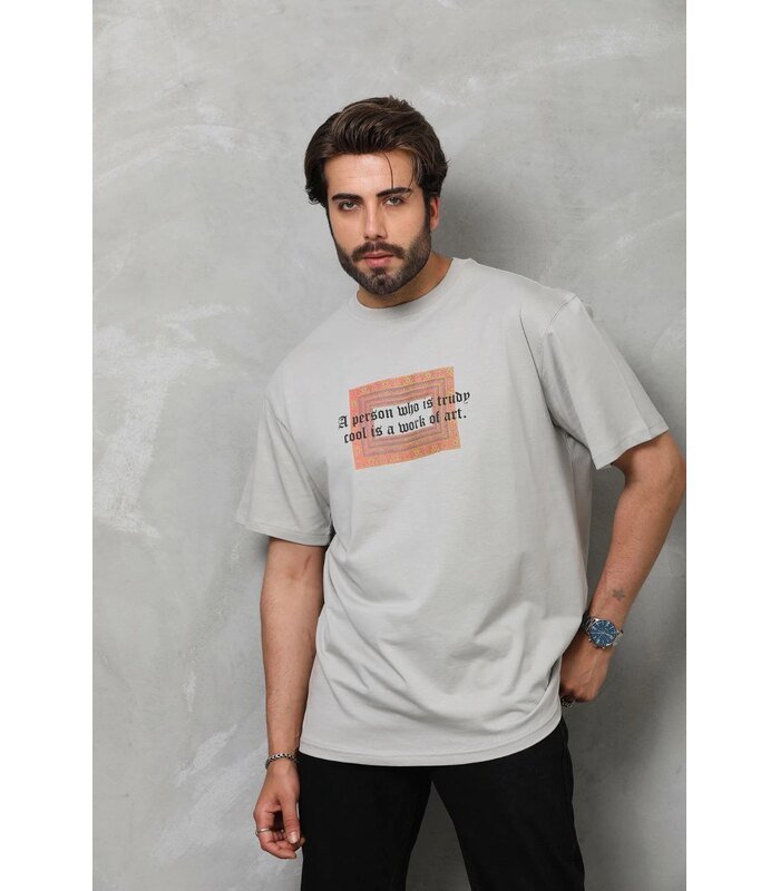 Erkek Baskılı T-Shirt Kısa Kol Bisiklet Yaka Regular Fit Rahat Kalıp Tişört - Gri