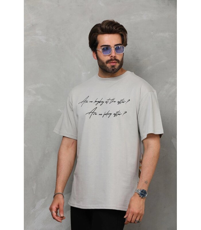 Erkek Kısa Kol Yazlık Tişört Bisiklet Yaka Baskılı Oversize T-Shirt - Gri
