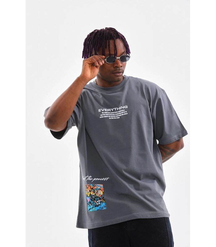 Erkek Tişort Bisiklet Yaka Baskılı Oversize T-Shirt - Gri