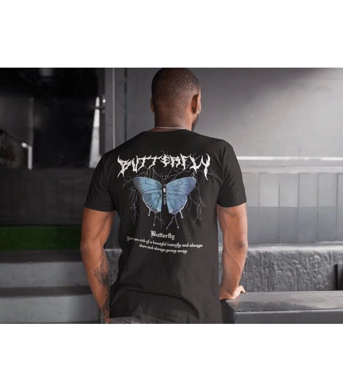 Erkek Tişort Bisiklet Yaka Kelebek Baskılı Kısa kol T-Shirt - Siyah