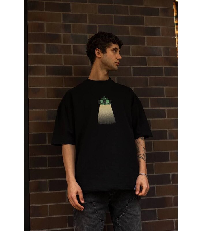 Erkek Kısa Kol Yazlık Tişört Bisiklet Yaka Baskılı Oversize T-Shirt - Siyah