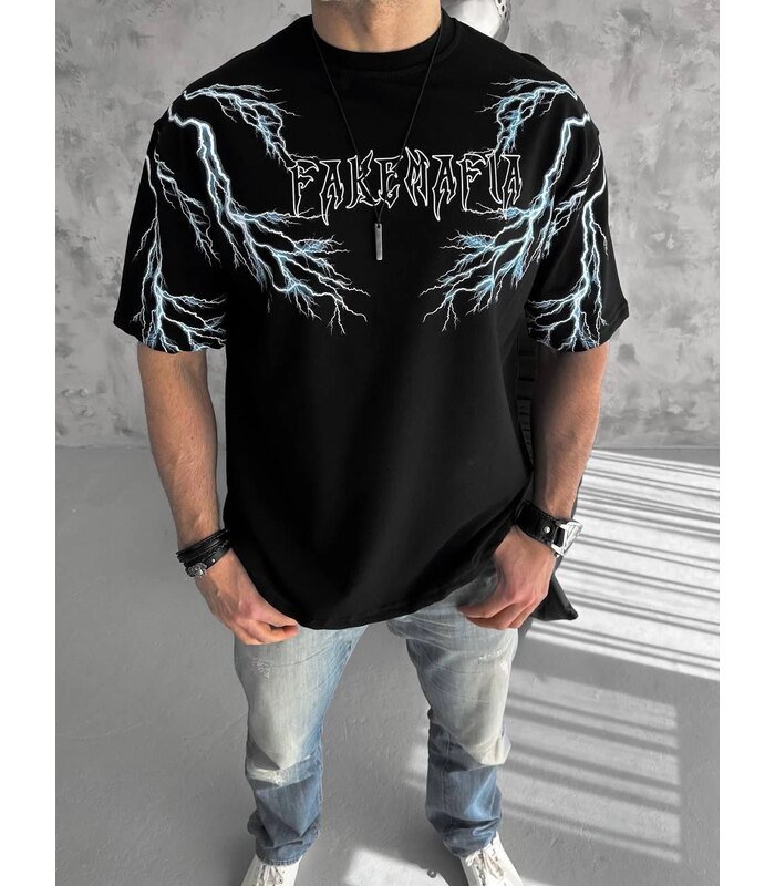 ERKEK Bisiklet Yaka Yıldırım Baskılı  Kısa kol T-Shirt-Siyah