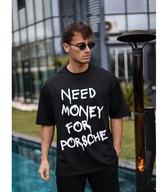 Erkek Tişört Bisiklet Yaka Baskılı Kısa kol Oversize T-Shirt - Siyah