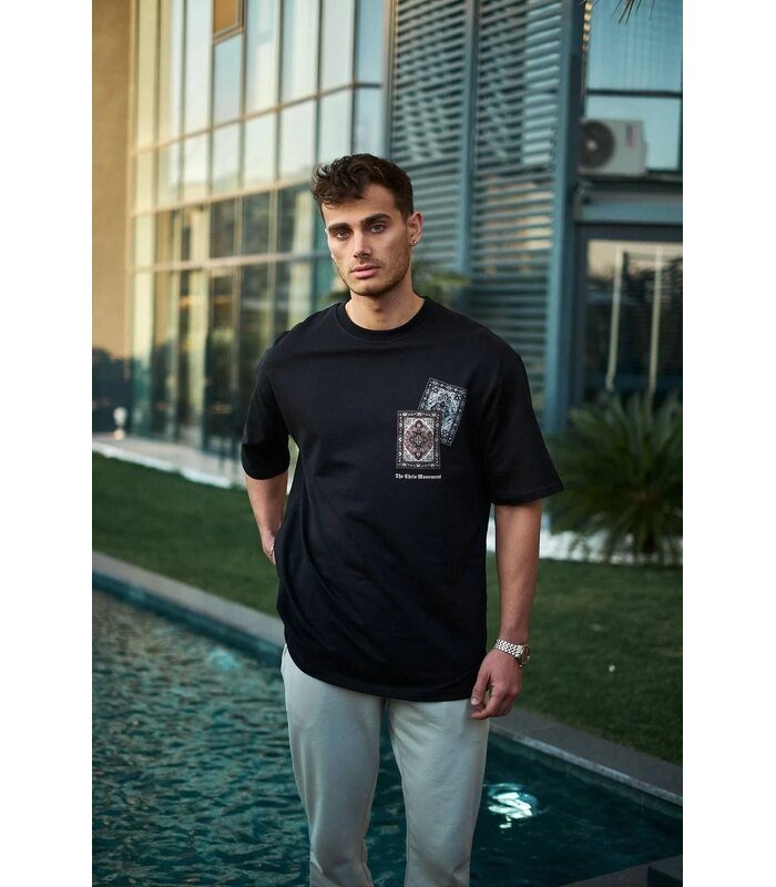 Erkek Kısa Kol Yazlık Tişört Bisiklet Yaka Baskılı Oversize T-Shirt - Siyah