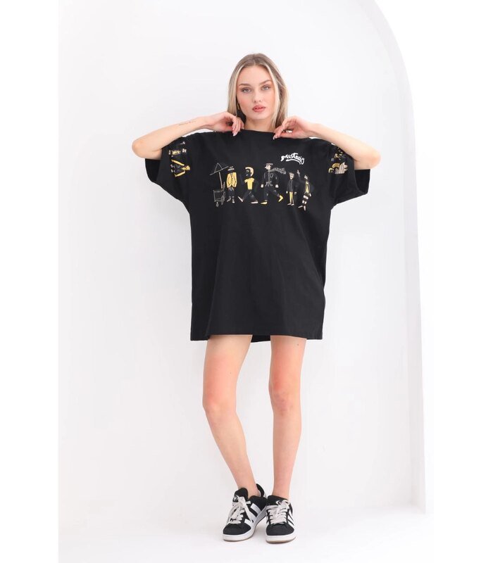 Kadın Kısa Kol Yazlık Tişört Bisiklet Yaka Baskılı Oversize T-Shirt - Siyah