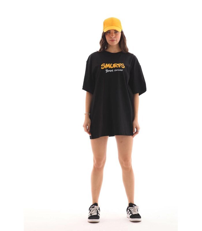 Kadın Kısa Kol Yazlık Tişört Bisiklet Yaka Baskılı Oversize T-Shirt - Siyah