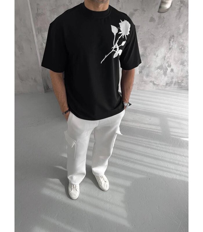 Erkek Kısa Kol Tişört Bisiklet Yaka GÜL Baskılı Oversize T-Shirt - Siyah