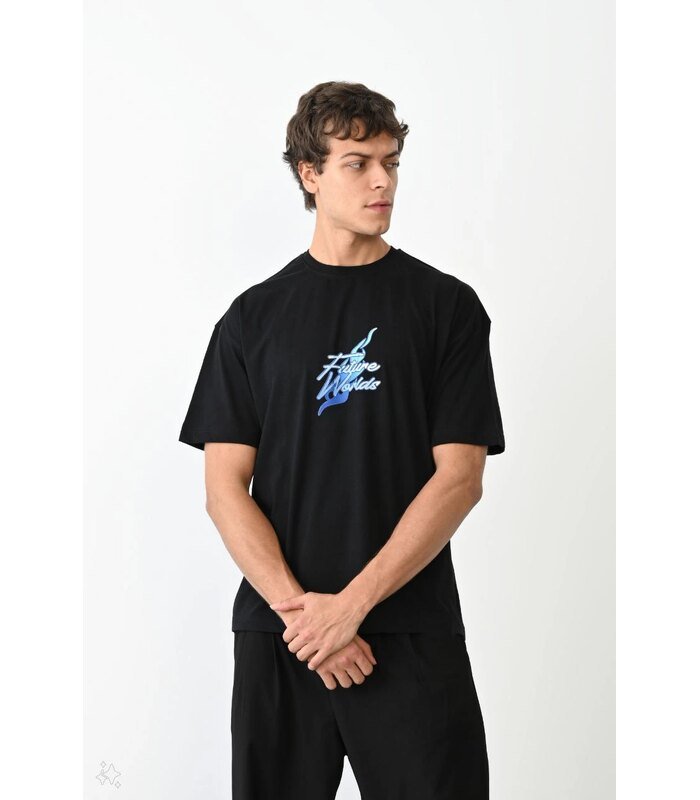 Erkek Kısa Kol Yazlık Tişört Bisiklet Yaka Baskılı Oversize T-Shirt - Siyah