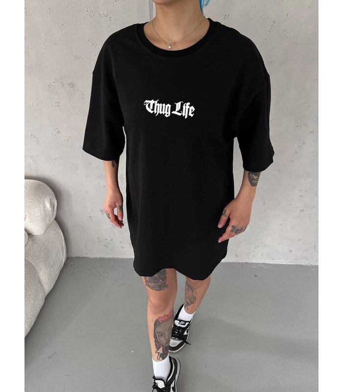 Kadın Kısa Kol Yazlık Tişört Bisiklet Yaka Baskılı Oversize T-Shirt - Siyah