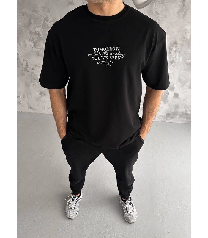 Erkek Kısa Kol Yazlık Tişört Bisiklet Yaka Baskılı Oversize T-Shirt - Siyah