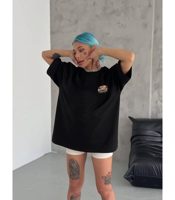 Kadın Baskılı T-Shirt Kısa Kol Bisiklet Yaka Oversize Rahat Kalıp Günlük Tişört - Siyah