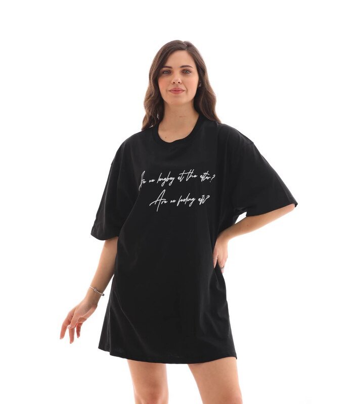 Kadın Kısa Kol Yazlık Tişört Bisiklet Yaka Baskılı Oversize T-Shirt - Siyah