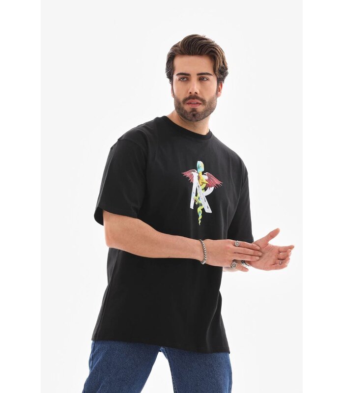 Erkek Baskılı T-Shirt Kısa Kol Bisiklet Yaka Regular Fit Rahat Kalıp Tişört - Siyah