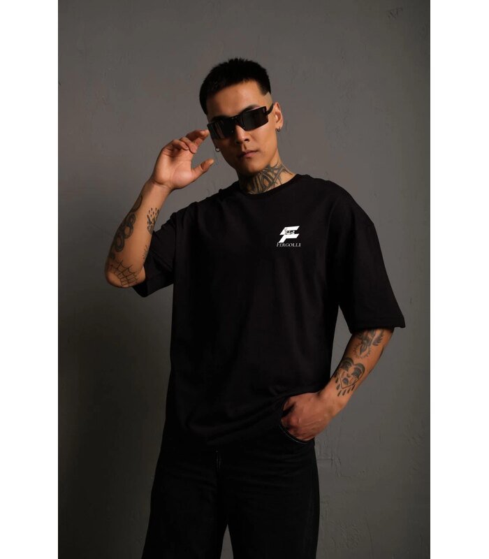 Erkek Kısa Kol Yazlık Tişört Bisiklet Yaka Baskılı Oversize T-Shirt - Siyah