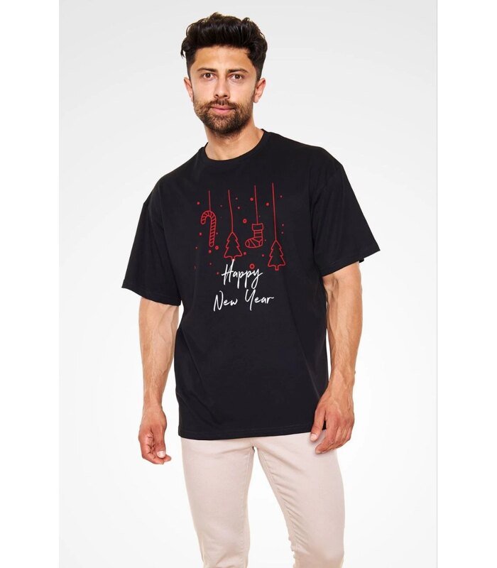 Erkek Kısa Kol Tişört Bisiklet Yaka Yeni Yıl Baskılı T-Shirt - Siyah