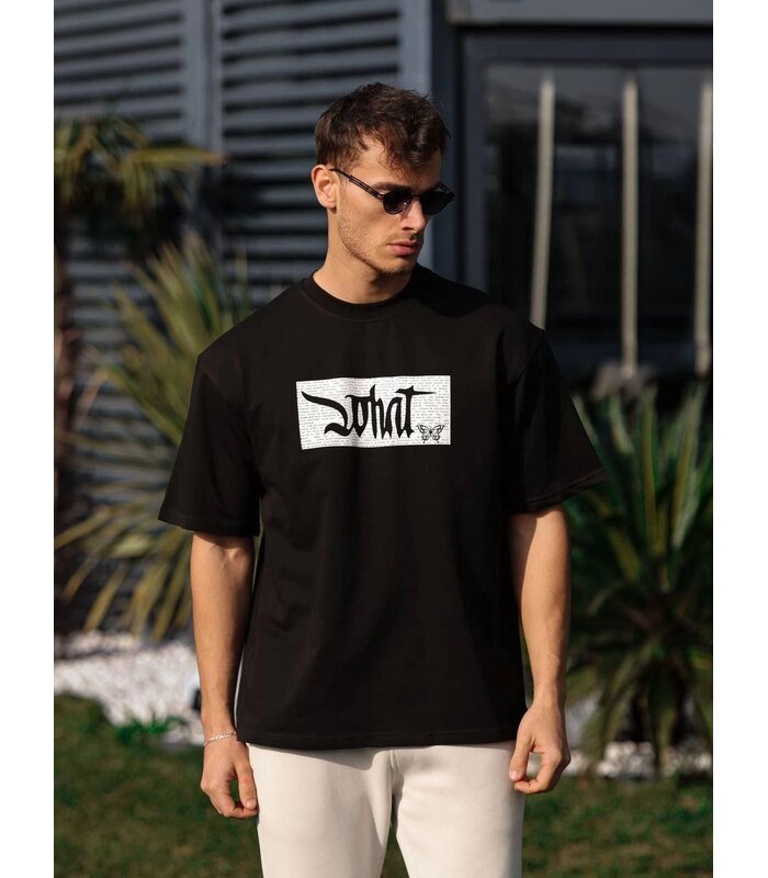 Erkek Kısa Kol Yazlık Tişört Bisiklet Yaka Baskılı Oversize T-Shirt - Siyah