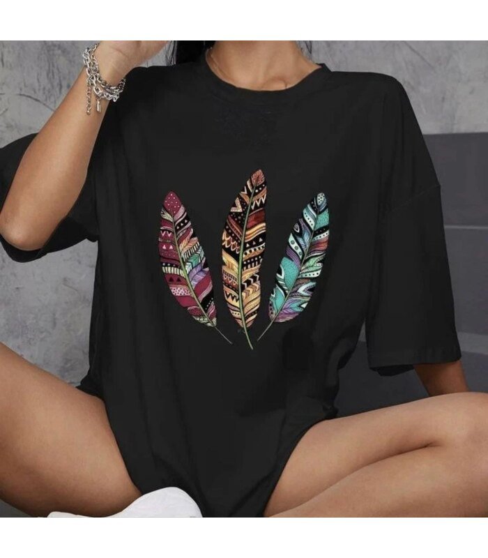 Kadın Baskılı T-Shirt Kısa Kol Bisiklet Yaka Oversize Rahat Kalıp Günlük Tişört - Siyah